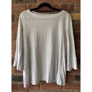 Eileen Fisher Women L Cream/Gray Striped Organic Linen 3/4 Sleeve Shirt